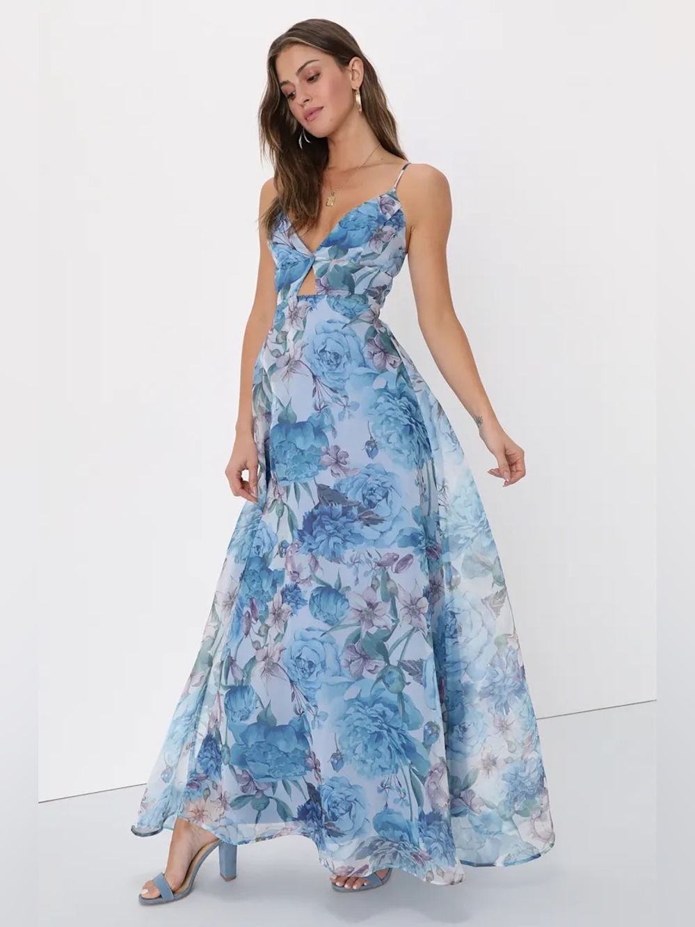 Lulus Enchanting Entrance Blue Floral Organza Keyhole Maxi Dress Medium Formal